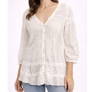 Kimchi Blue White Lace Trimmed Gauze Tunic Top Embroidered V Neck Size S